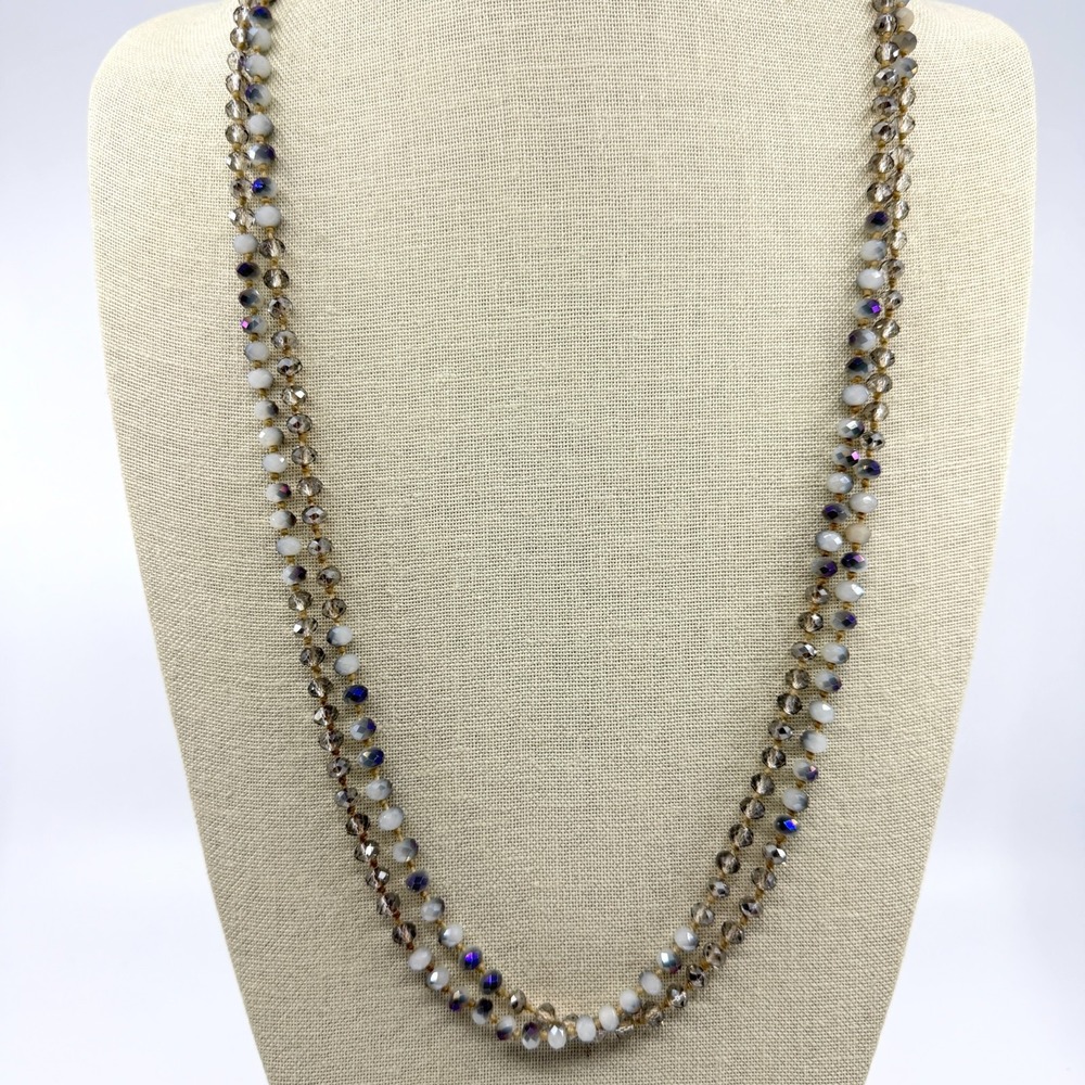 Long Layering Beaded Necklace Grey Iridescent Crystals Boho Minimalist Jewelry